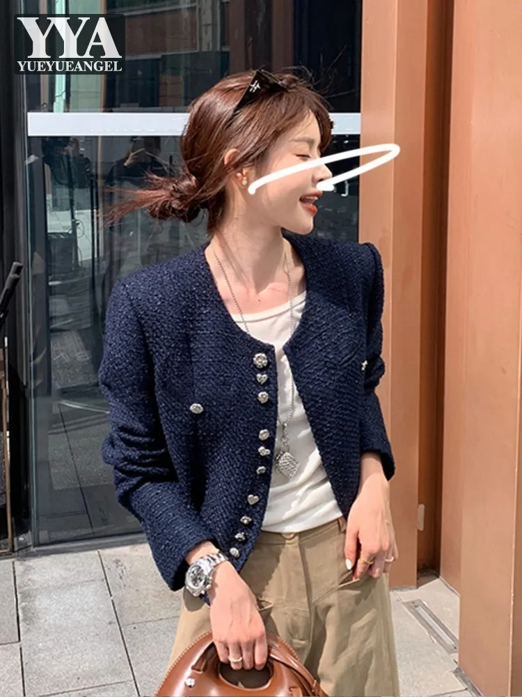 Elegant Ladies Streetwear Long Sleeve Tweed Jacket Single Breasted O Neck Loose Short Coat Autumn Fashion Office Women Outerwear