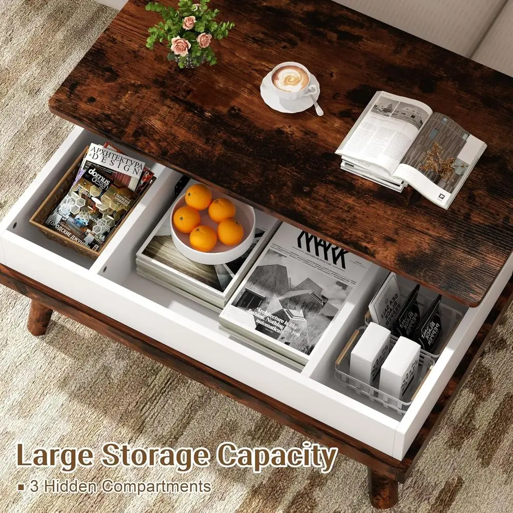 Rustic Brown Lift-Top Coffee Table with Hidden Storage, Versatile for Living Spaces and Offices
