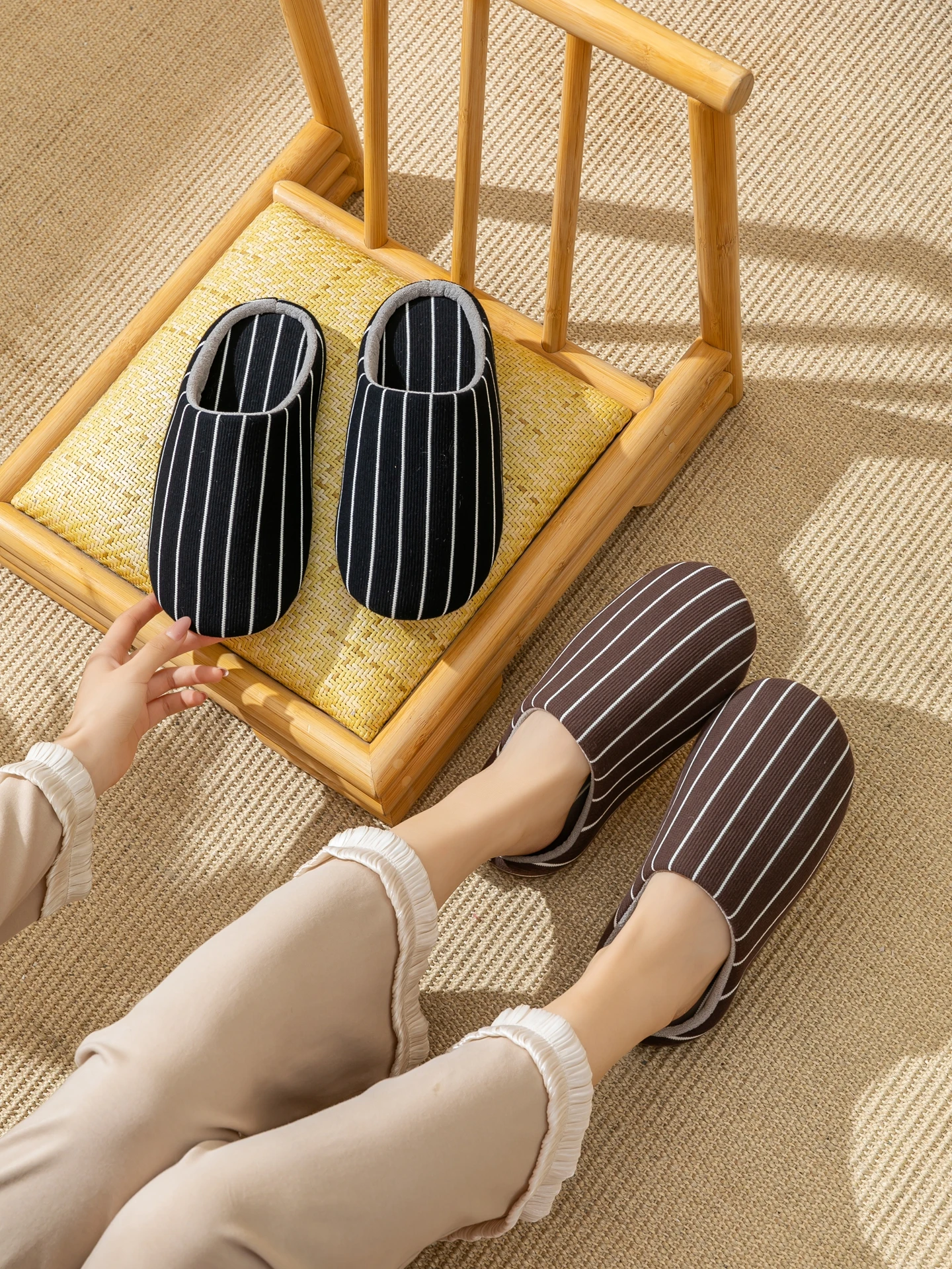 Japanische gestreifte Hausschuhe, Unisex für Frühling & Herbst, bequeme, atmungsaktive, rutschfeste flache Hausschuhe für das Schlafzimmer – Detail 14