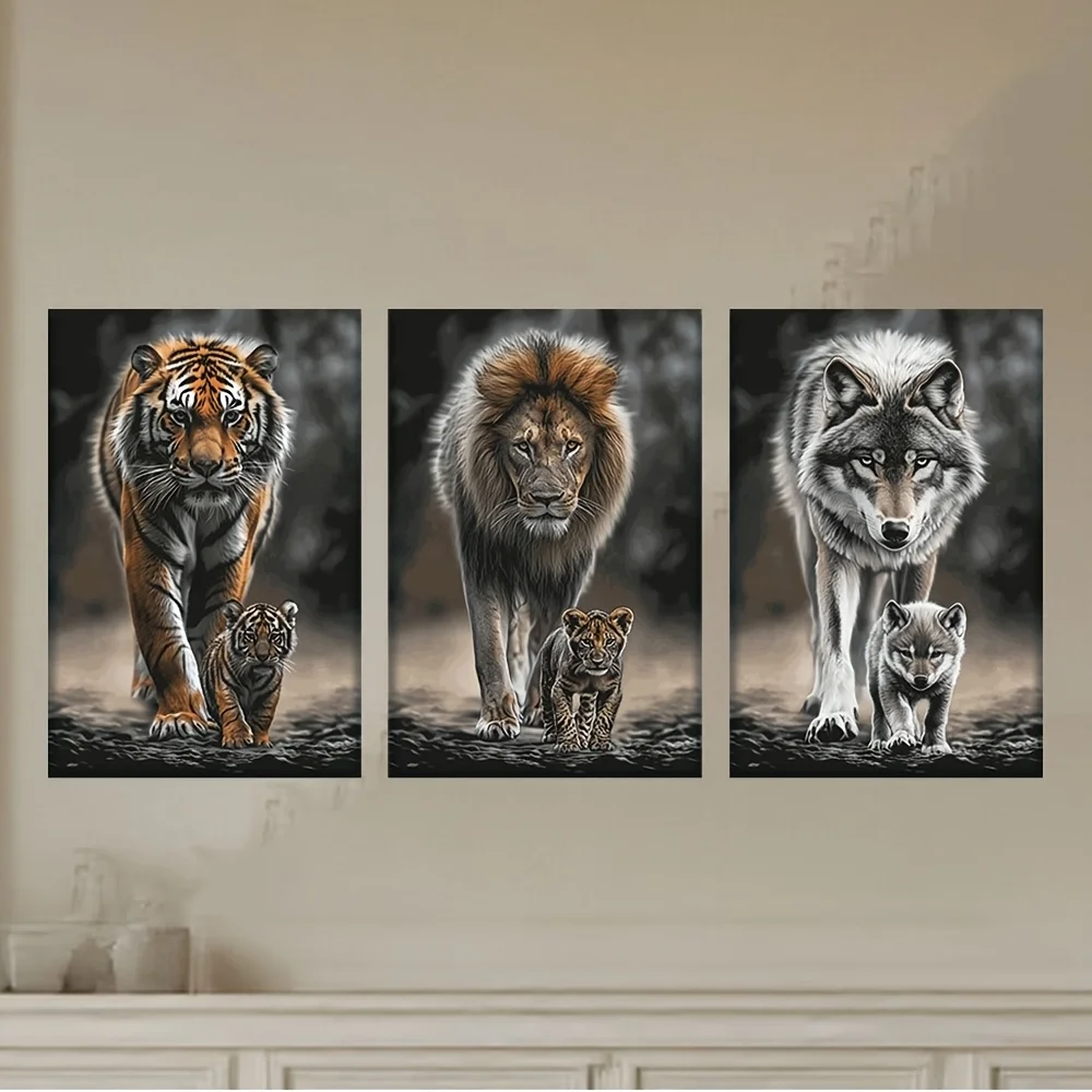 （No Frame 3PCS）-[JIT]3pcs/set, Canvas painting--Unframed, tiger and cub, lion and cub, wolf and cub, Posters and prints, bar,