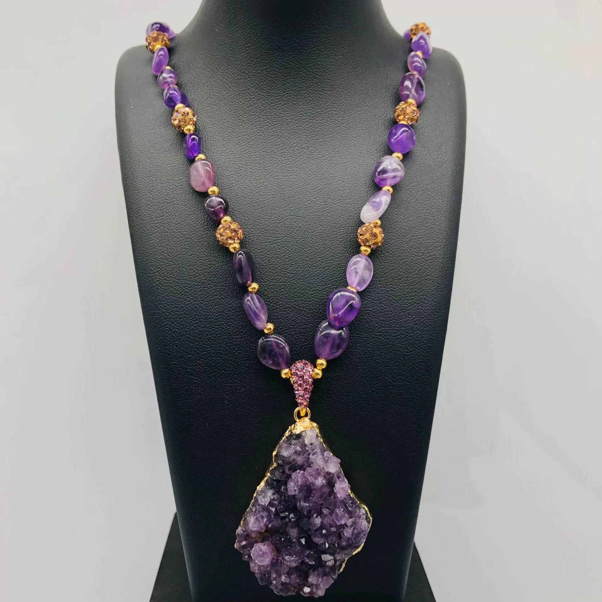 Fashion Irregular Amethyst Crystal Cluster Pendant Necklace Earrings Women Long Sweater Chain Raw Crystal Jewelry Party Gift