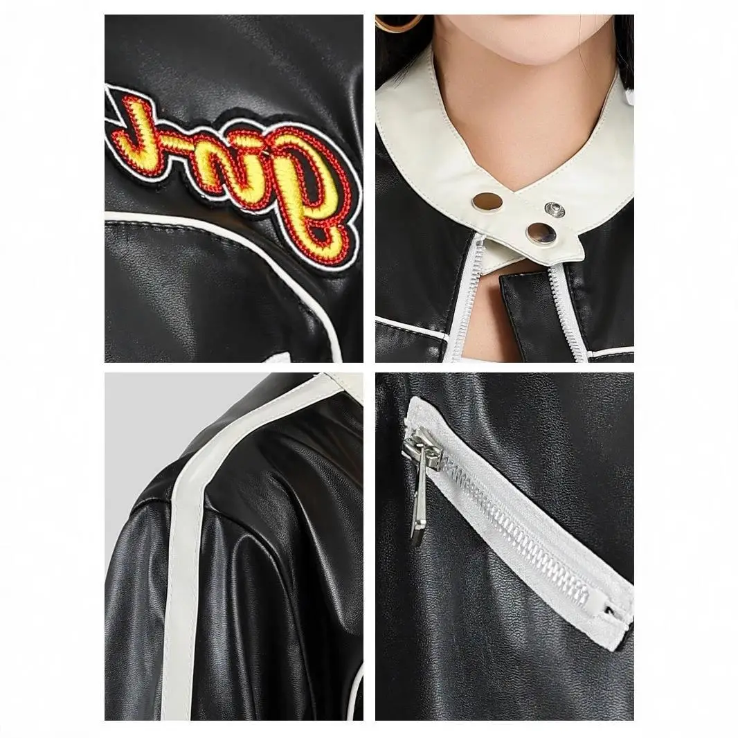 Faionable ort couro motocicleta jaet feminino sexy picante cor blo cross-border sle longo sve seda brilho