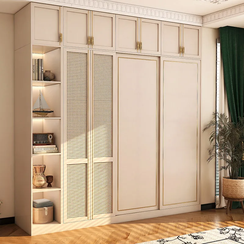 New rattan large wardrobe retro ENF grade European pine board cabinet for home bedroom