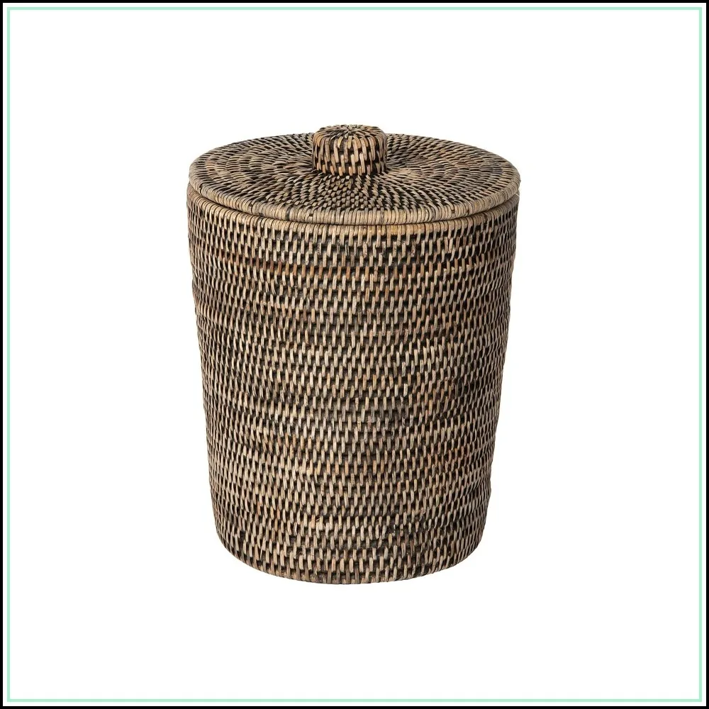 Rattan Round Waste Basket with Lid & Plastic Insert - Black Wash