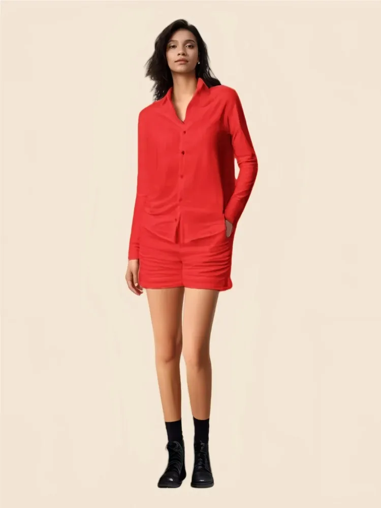 

Summer New Women's Clothing Solid Color Fashion Single Breasted Irregular Shirt Casual Loose Long Sleeved Shorts Two-piece Set