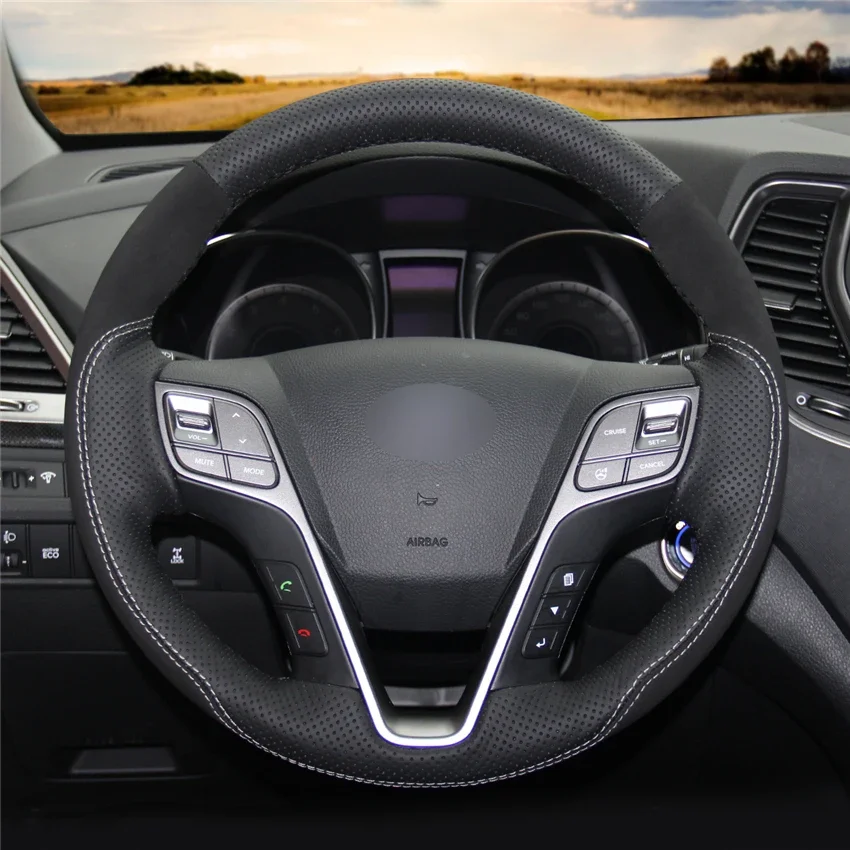 

DIY Genuine Leather Black Suede Car Steering Wheel Cover For Hyundai Santa Fe Grand Santa Fe H350 2012-2019 Car Accessories