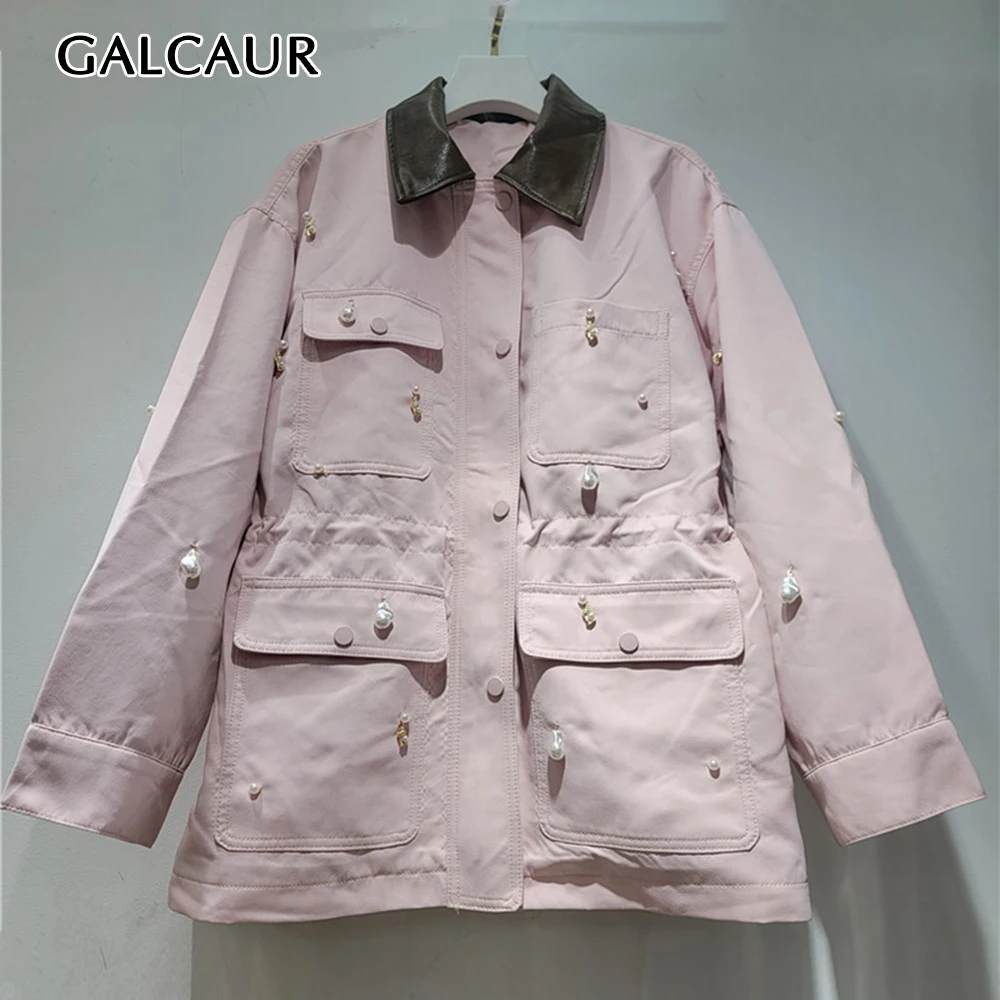 GALCAUR Pearl Spliced Pocket Loose Solid Jacket for Women Lapel Neck Long Sleeve Patchwork Button Casual Coat Female Fashion New