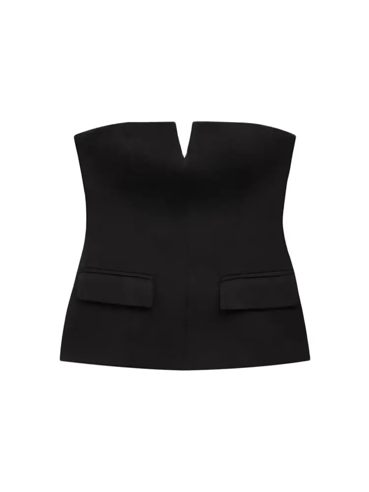 Top de negocios sin tirantes para Mujer, camisola de moda con escote en V y hombros descubiertos con cremallera lateral, camisola Sexy para Mujer