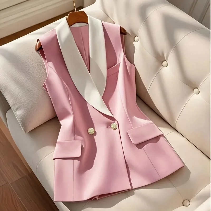 Pink Lapel Sleeveless Vest | Double-breasted Design, Unlocking The Fashionable Workplace Style Regular Vest Solid Color Comfort