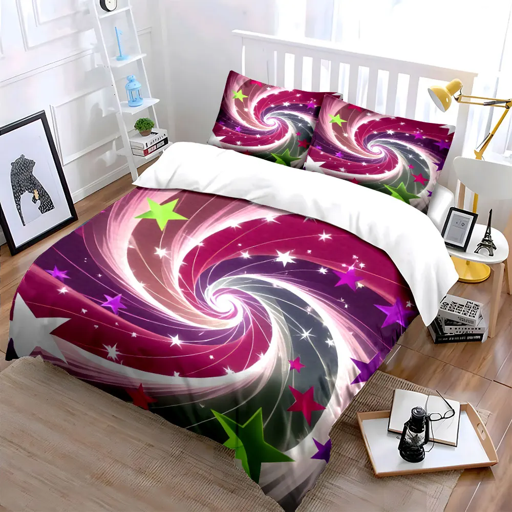 Colorful Starry Spiral Decoration Set Soft Skin-Friendly Bedding Set Includes 1 Duvet Cover And 2 Pillowcase, Gift