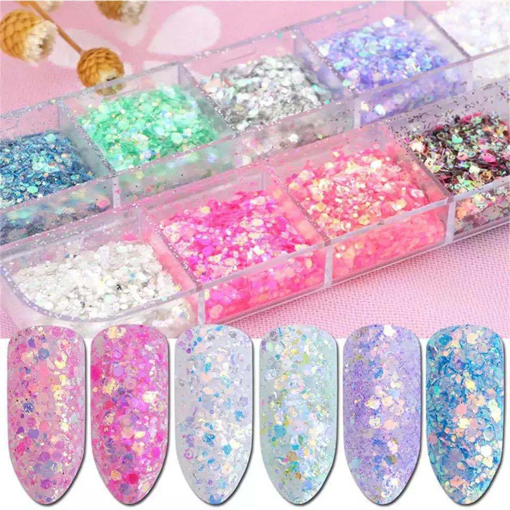 Mermad Iridescent Hexagon Nail Art Glitter Christmas Sequins Holographic Spangles Flakes Nail Art Powder Gel Polish Decoration