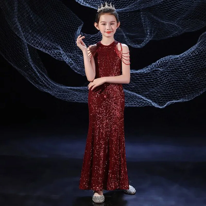 Evening Dress for Girls Piano Competition Performance Fashion Children Clothing Red Elegant Dresses Birthday Party Costume