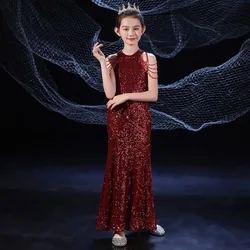 Evening Dress for Girls Piano Competition Performance Fashion Children Clothing Red Elegant Dresses Birthday Party Costume