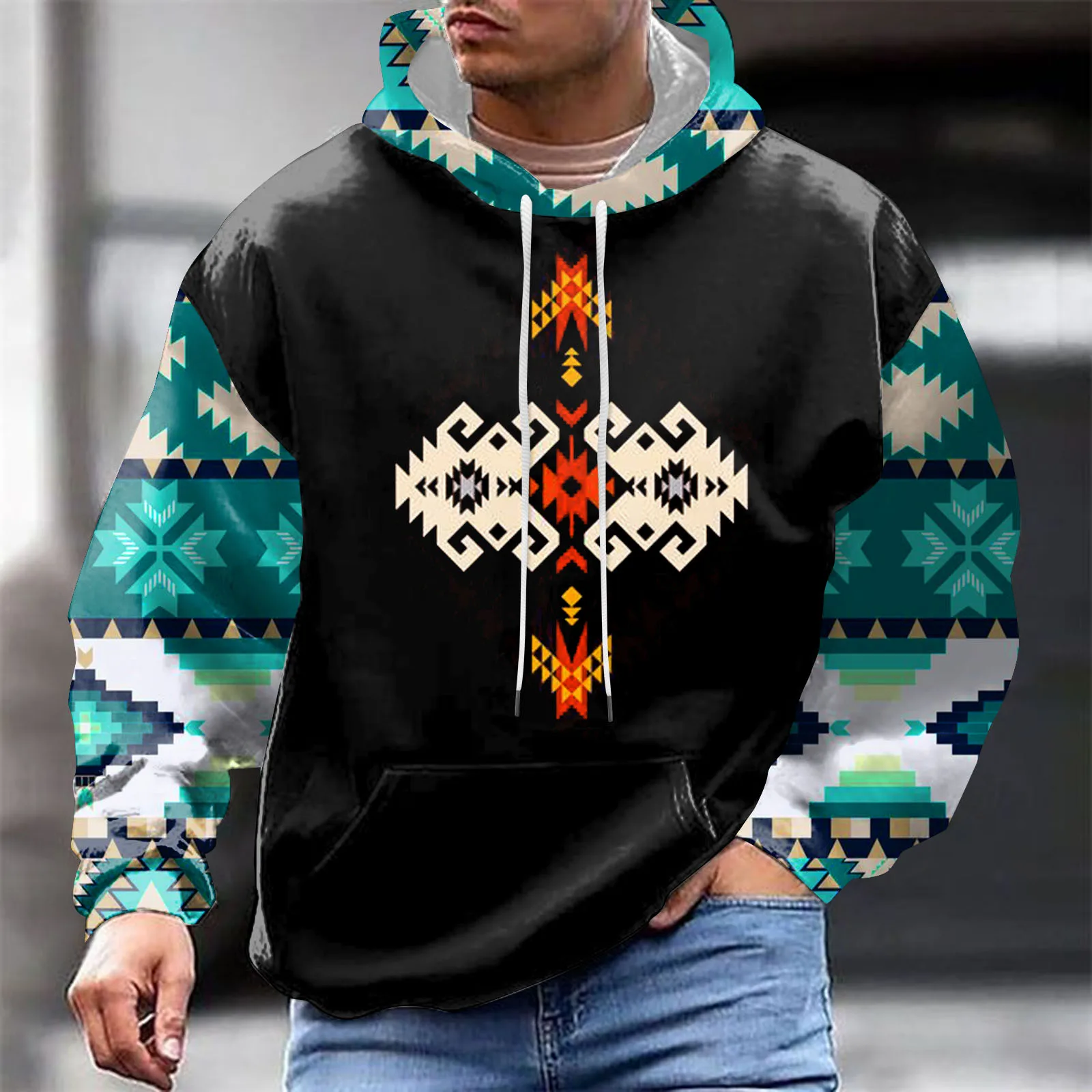 Ethnic Hoodies Men's Autumn Winter Casual Hoodies Men Outwear Folk Tribe Pullover Sweatshirts Male Hooded Collar Loose Fit Tops