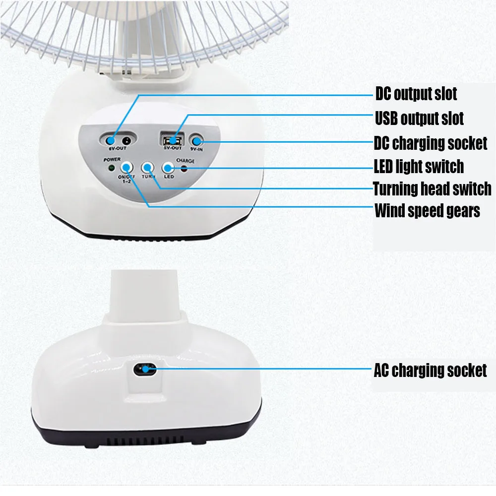 Elektrischer Solar ventilator Tisch ventilator USB wiederauf lad bares Laden 12 Zoll 2-Gang-Tischlüfter mit 2 Lampen für Camping nach Hause