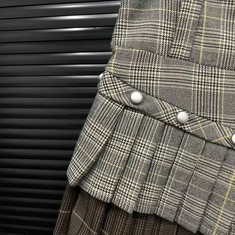 Trendy Retro Patchwork Plaid Short Skirts for Women Fashion Wrap Hip Pleated Skirt Female Spring New Items