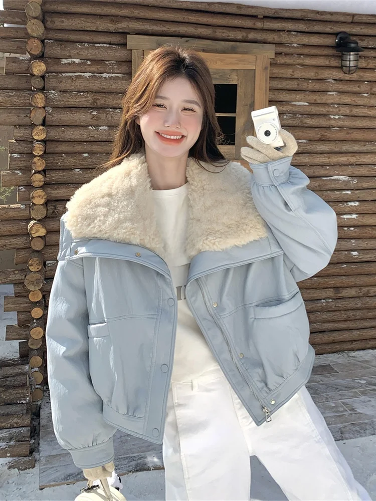 ブルーラムファー襟付きPUレザーダウンジャケット レディース 冬 2024 新作 アメリカンレトロ 小さいサイズ 高級感 通勤 スタイリッシュ