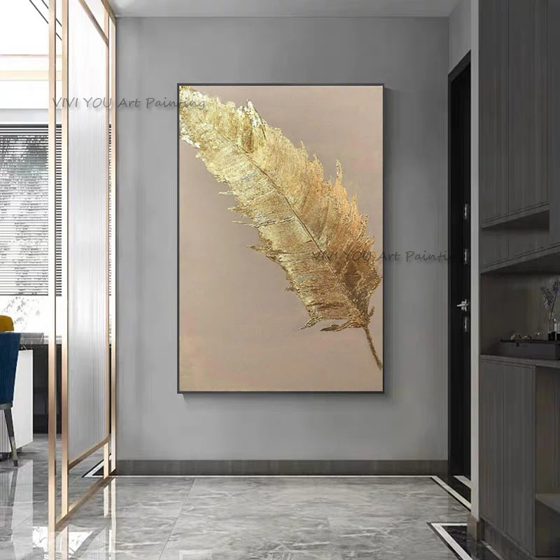 Handpainted 3D Gold Leaf Feather Textured Impasto Oil Painting on Canvas Vertical Wall Art For Luxury Entryway