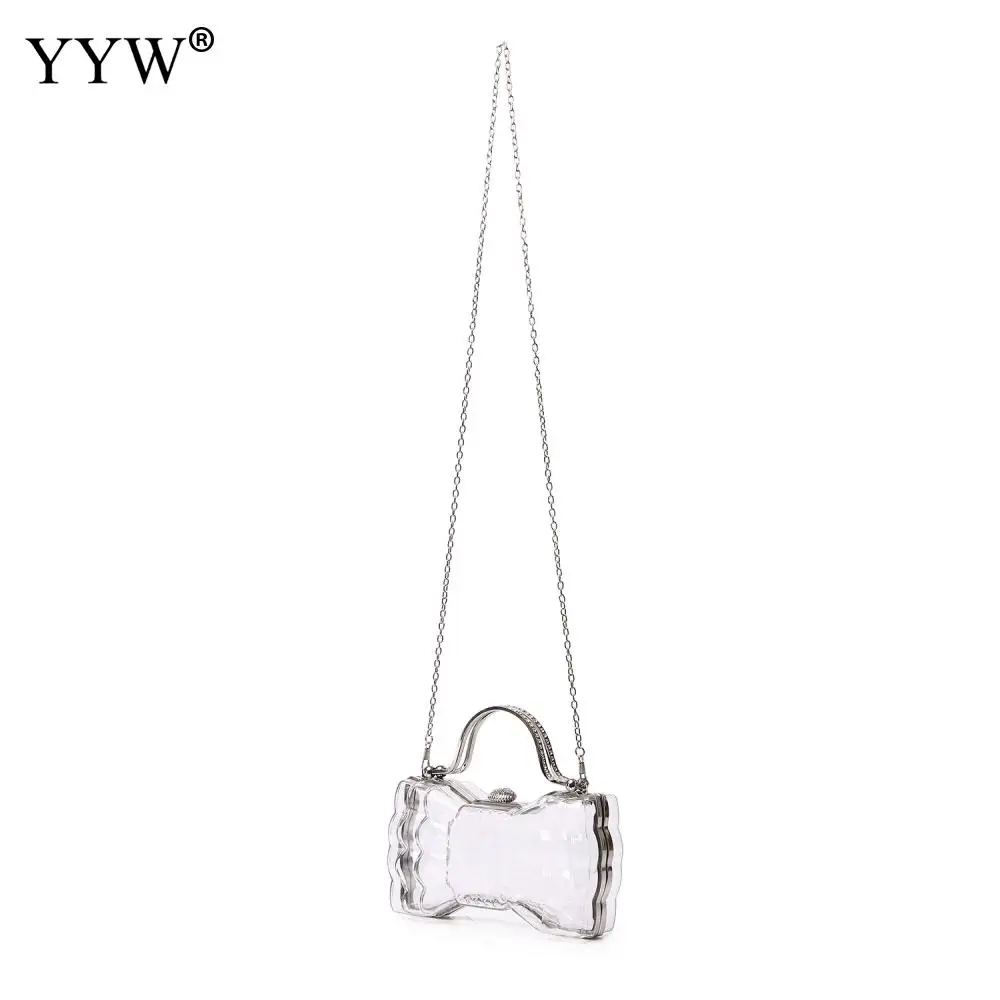 Transparent Acrylic Lady Clutch Handbag Cute Bow Square Clear PVC Hard Messenger Purse Women Metal Top Handle Chain Shoulder Bag