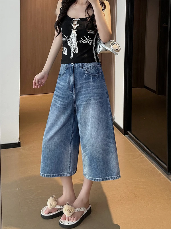 American Style Loose Fit Seven-Foot Denim Jeans Women Summer New plus Size Pear Body Shape Casual High Waist Wide Leg Pants