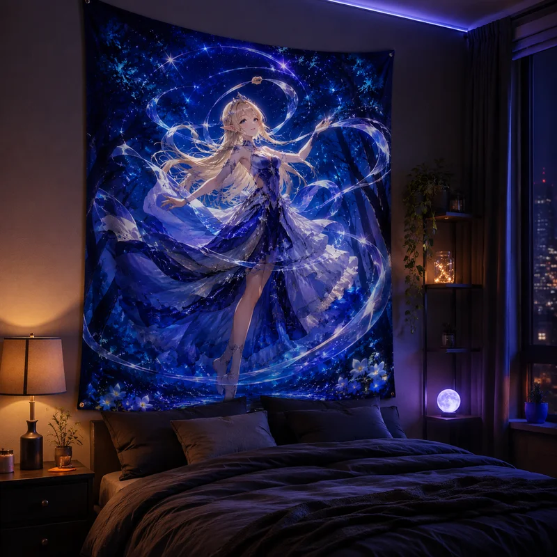VIKAMA “Starry Sky Fairy Girl” Anime Tapestry, “Dark Forest Starlight Magic Fairy” Wall Hanging, Bedroom Home Decor