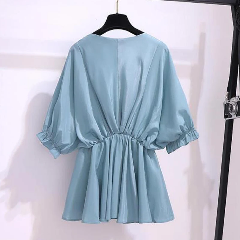 Women\'s Summer Korean Fashion Elegant Blouse V Neck Short Sleeve Loose Shirt Casual Ruffled Solid Chiffon Tops Blusas Para Mujer