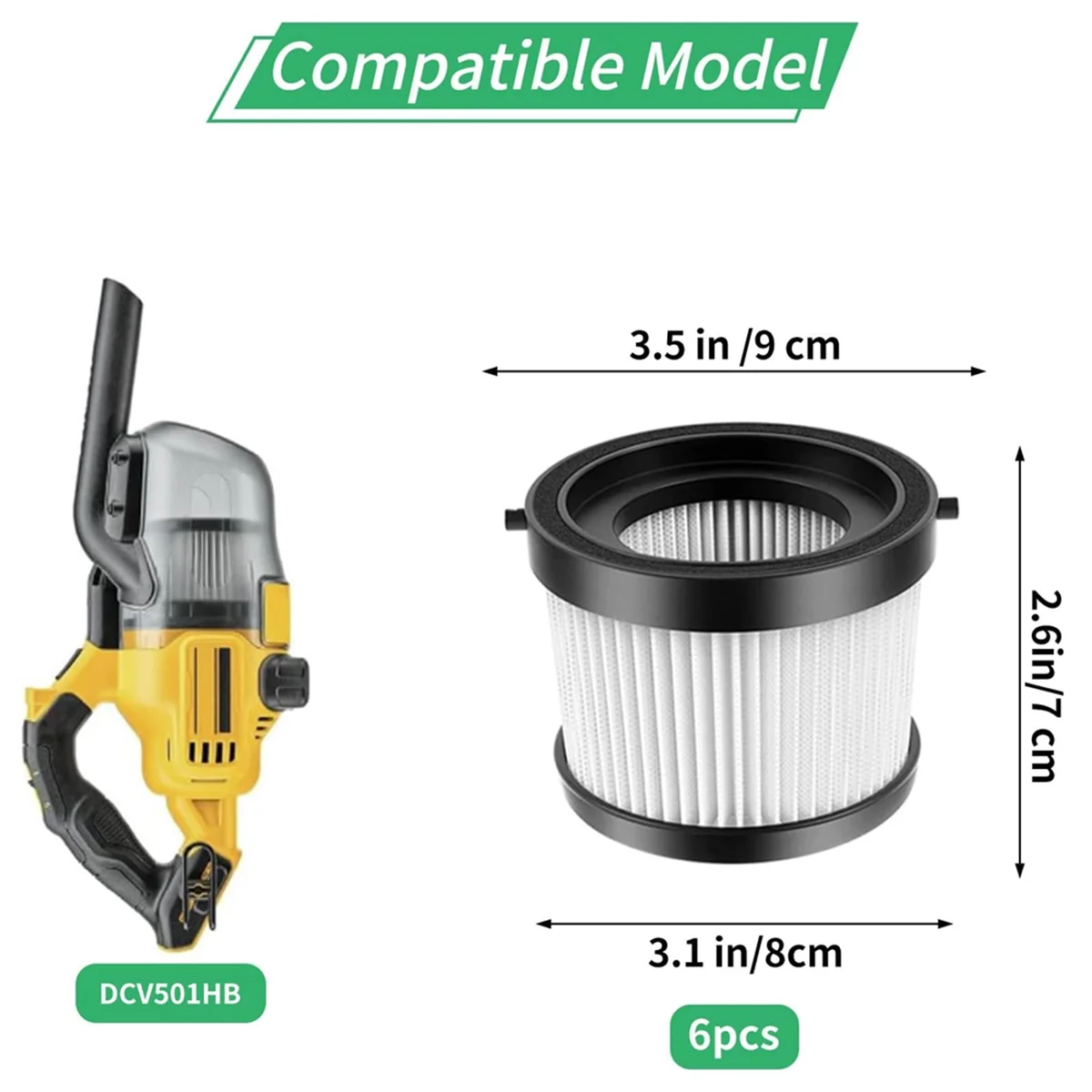 

AA25 6 Pack DCV501HB DCV5011H Vacuum Filters for 20V Vacuum Cordless Handheld Vacuum, Compared to Part DCV5011H