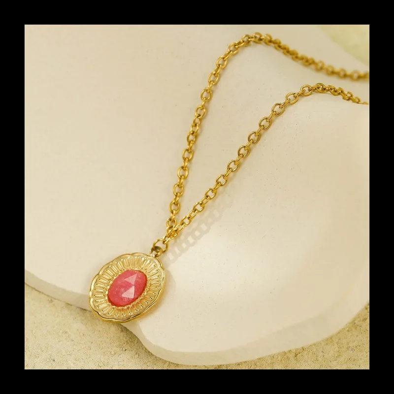 أزياء تنوعا الفولاذ المقاوم للصدأ البيضاوي مطعمة ريدستون قلادة قلادة المتخصصة سلسلة الترقوة الغلاف الجوي #2