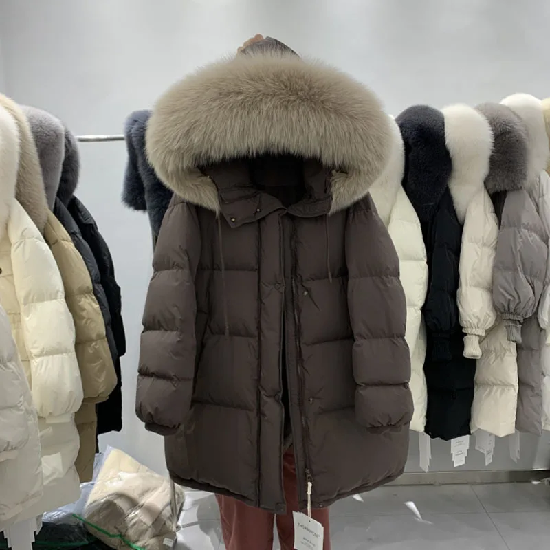 Winter Clothes for Women New 90 White Duck Down Thick Warm Gutless Long Down Coats Fox Big Fur Collar Casual Loose Hooded Parka