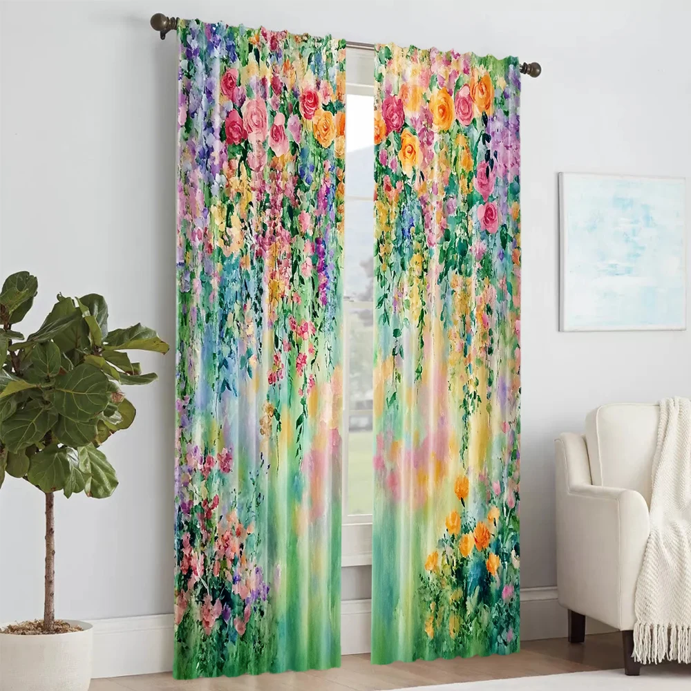 2Pcs Colorful Floral Plant Printed Window Curtain For Living Room Bedroom Home Decor Design For Privacy Protection_ai9