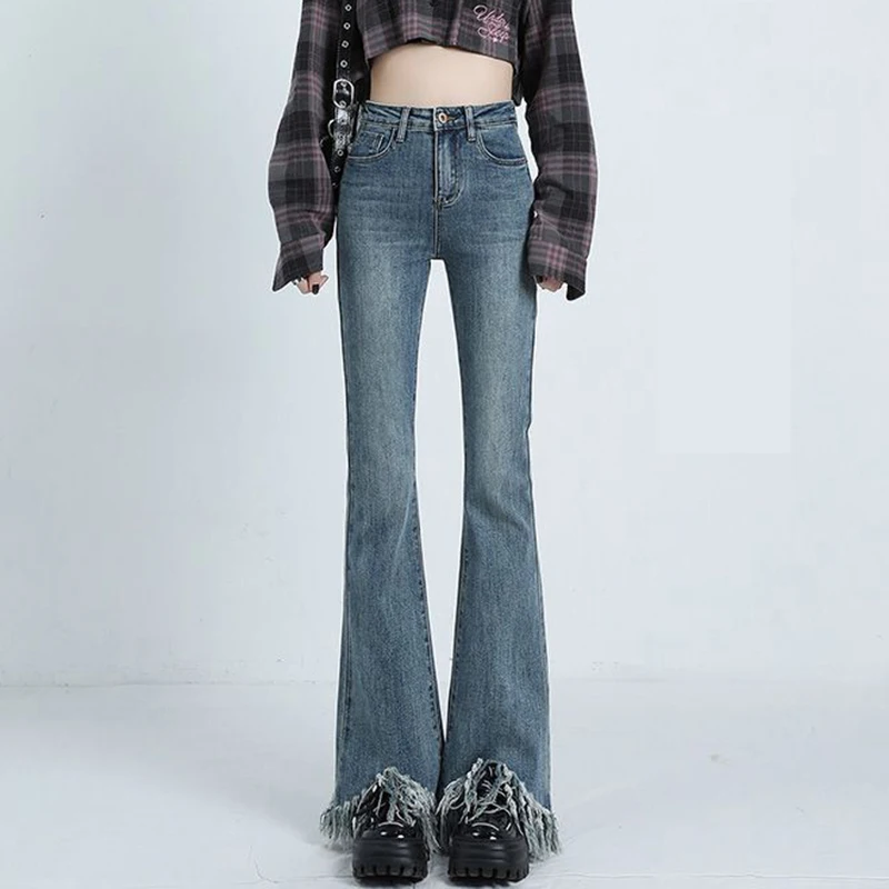 Rétro vintage usé ourlet brut jeans pour femmes au printemps 2023, nouveau slim taille haute pantalon évasé pour femme