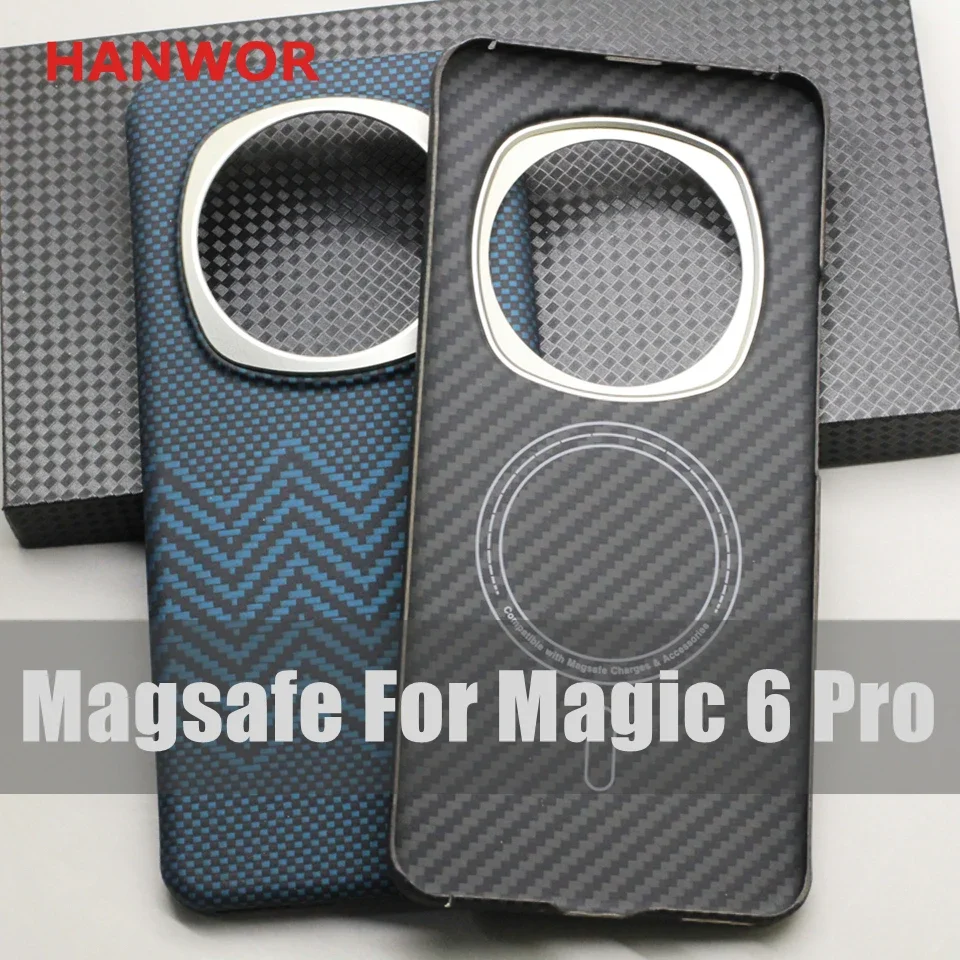 HANWOR Magnetic Carbon Fiber Phone Case for Honor Magic 6 Pro Support Magsafe Charges Metal Ring Aramid Fiber Magic 6 Pro Cover