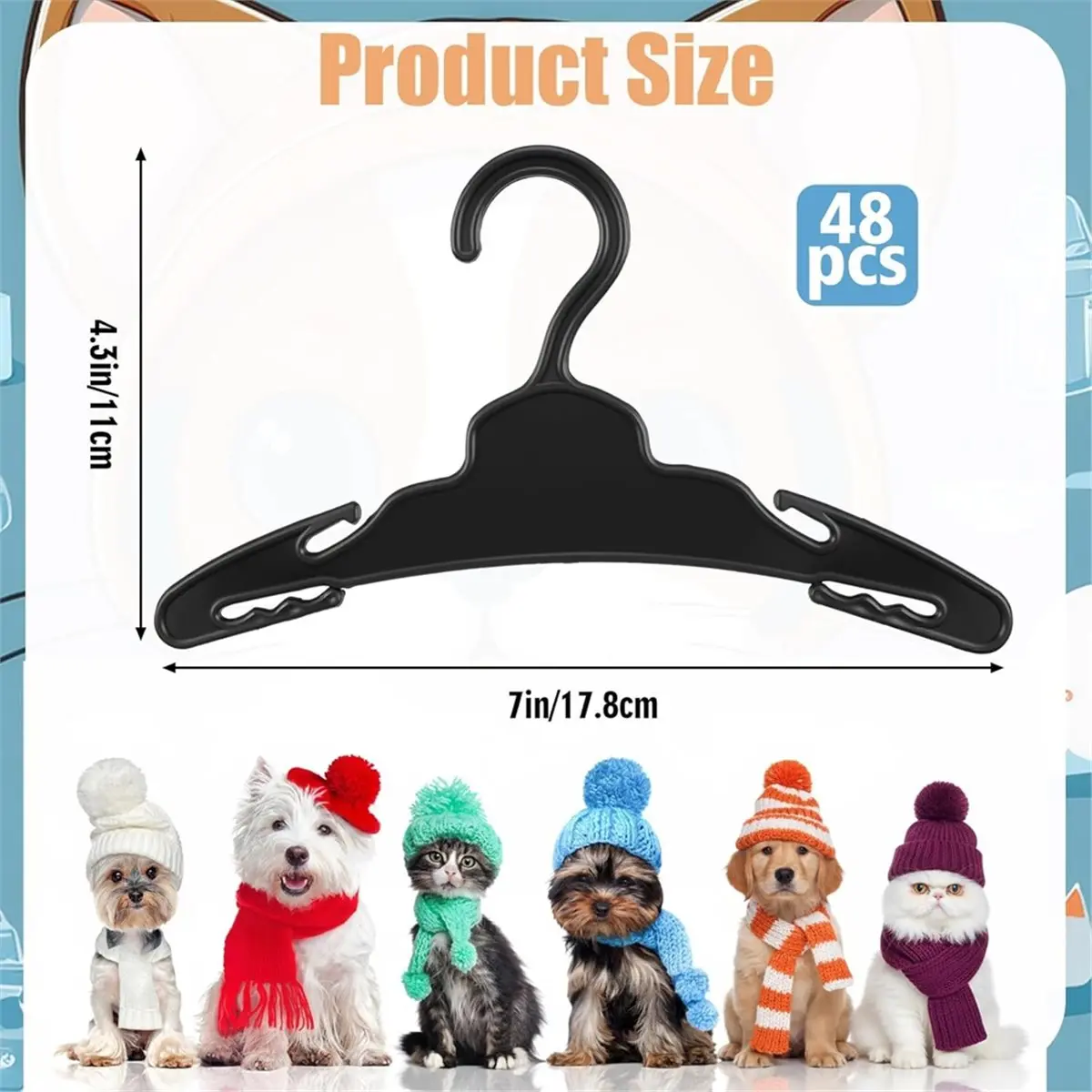ABUA 48 Pcs Dog Clothes Hangers 7 Inch Wide Non-Slip Plastic Pet Clothes Hangers Pet Clothing Holder Coat Hanger Black