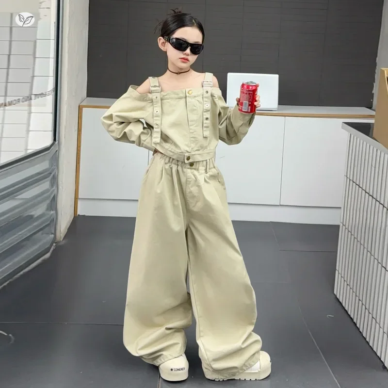 

Комплект одежды для девочек, весенне-осенний детский топ с длинными рукавами и широкие брюки, костюм из 2 предметов, стильный детский спортивный костюм с открытыми плечами