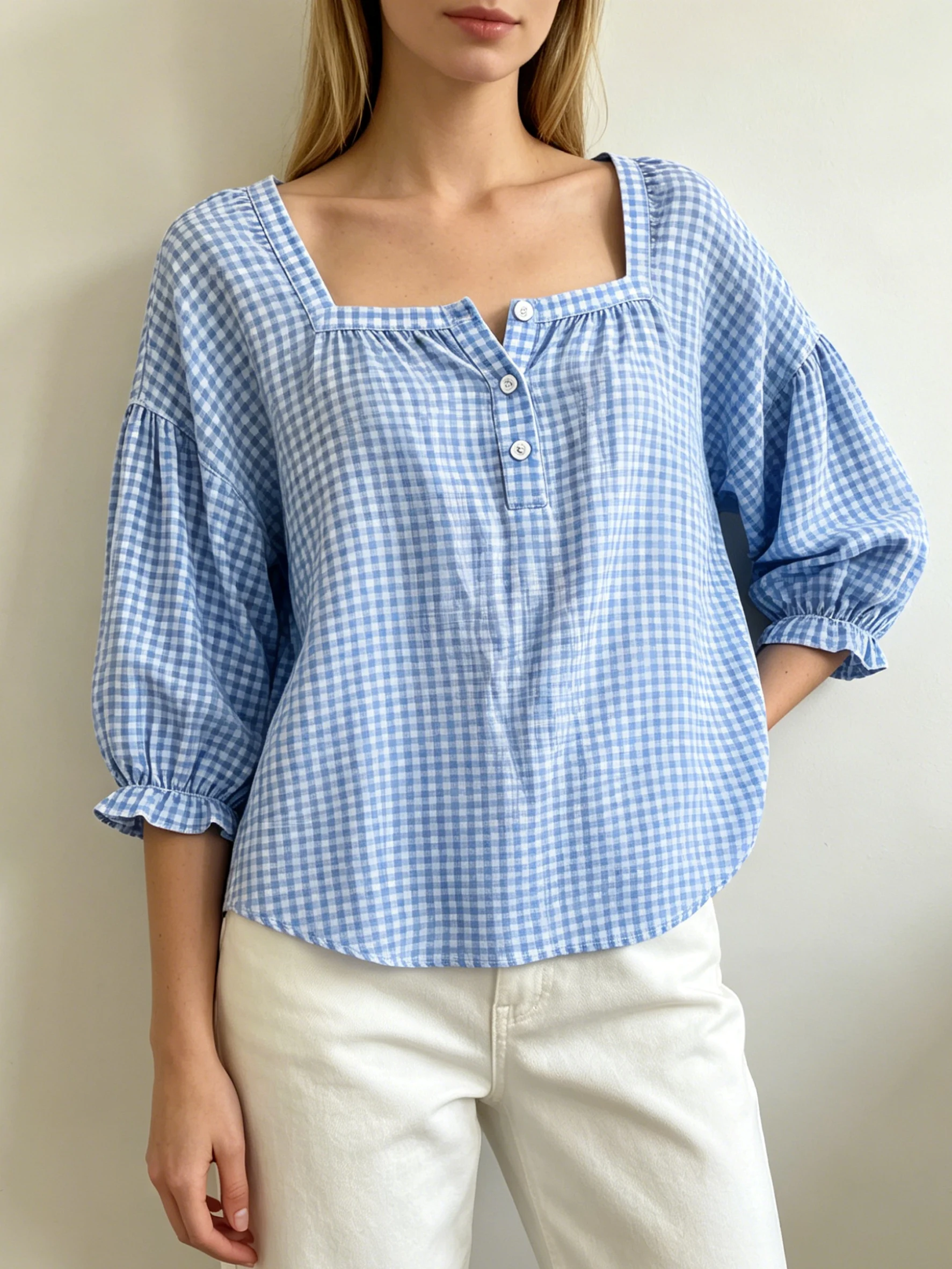 Casual Daily Square Collar Tops Half Button Lantern Elastic Cuff Ladies Blouse grid pattern Shirts view 3