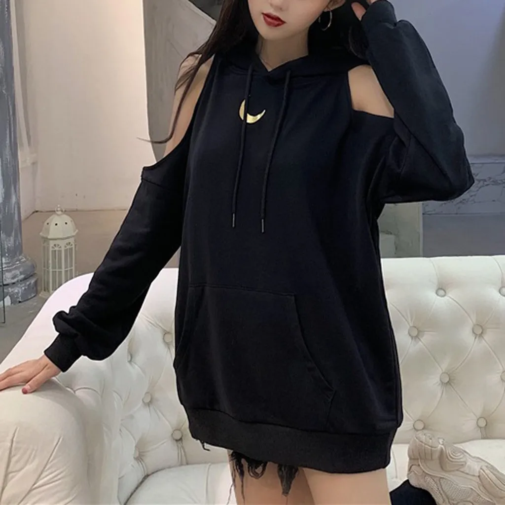 Y2k Womens Moon Print Hoodie Long Sleeve Pullover Off Shoulder Tops Blouse Korean Oversize Sweatshirt Sudadera Свитшот