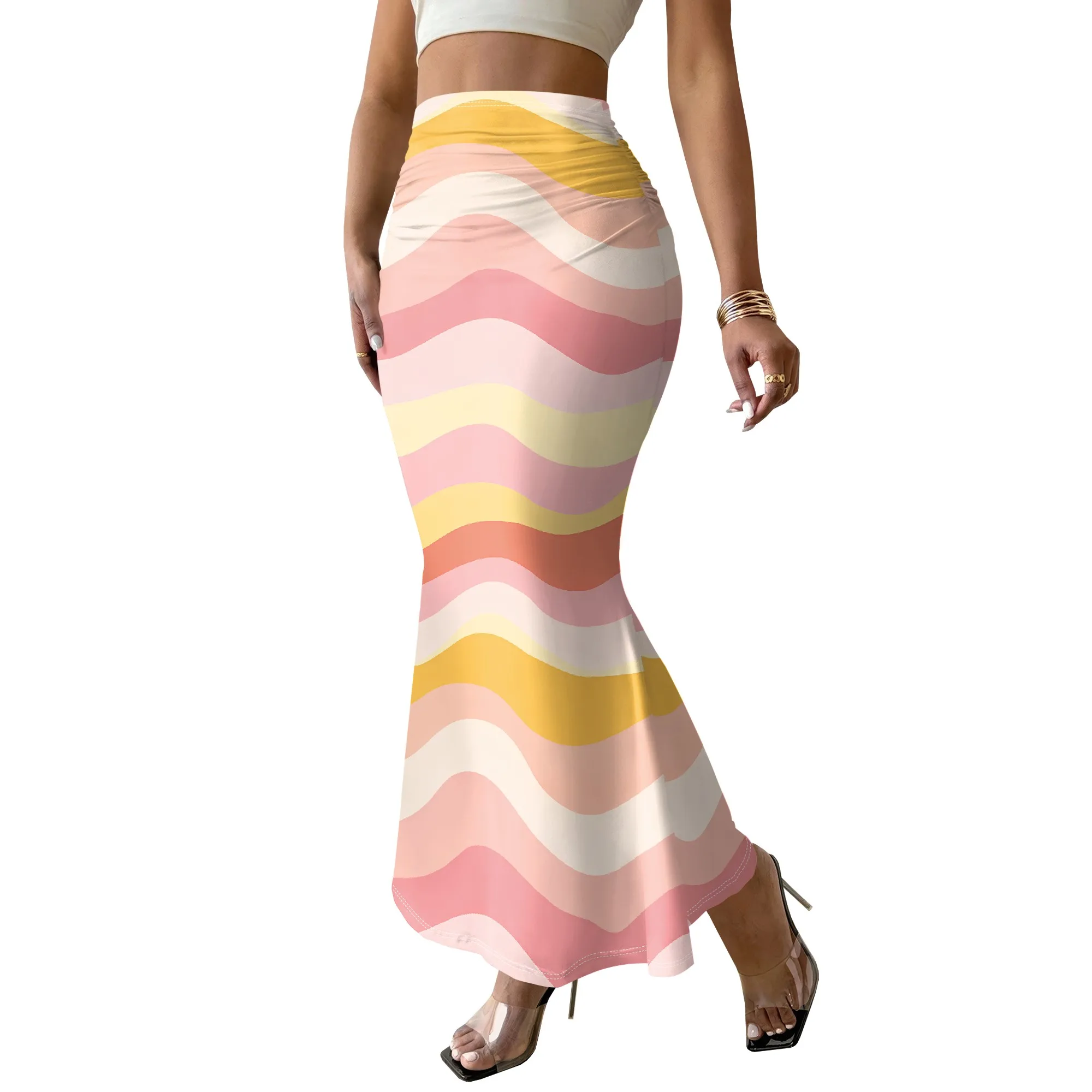 Printed Mermaid Skirt, Wavy Striped Maxi Skirt, Pastel Wave Pattern Long Skirt, Summer Beach Wear for Women, S-2XL