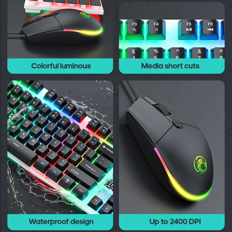 Backlit Keyboard Wired Gaming Keyboard waterproof Luminous 104 key keyboard 2400DPI Mouse Set for Gamer PC Laptop Office