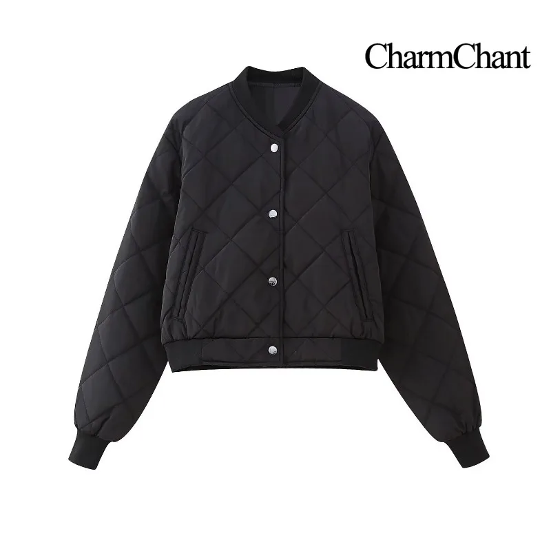 CHARMCHANT Women's Quilted Bomber Jacket Diamond Pattern Snap Button Ribbed Cuff Cropped Puffer Coat Black Autumn Winter 2026