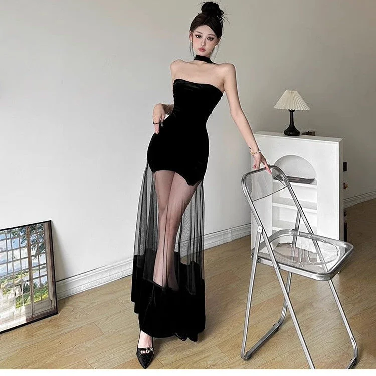 Elegant Black Velvet Gothic Party Halter Dresses Women Y2k Mesh Patchwork Backless Dress 2025 Sheer Skinny Evening Sexy Clothing