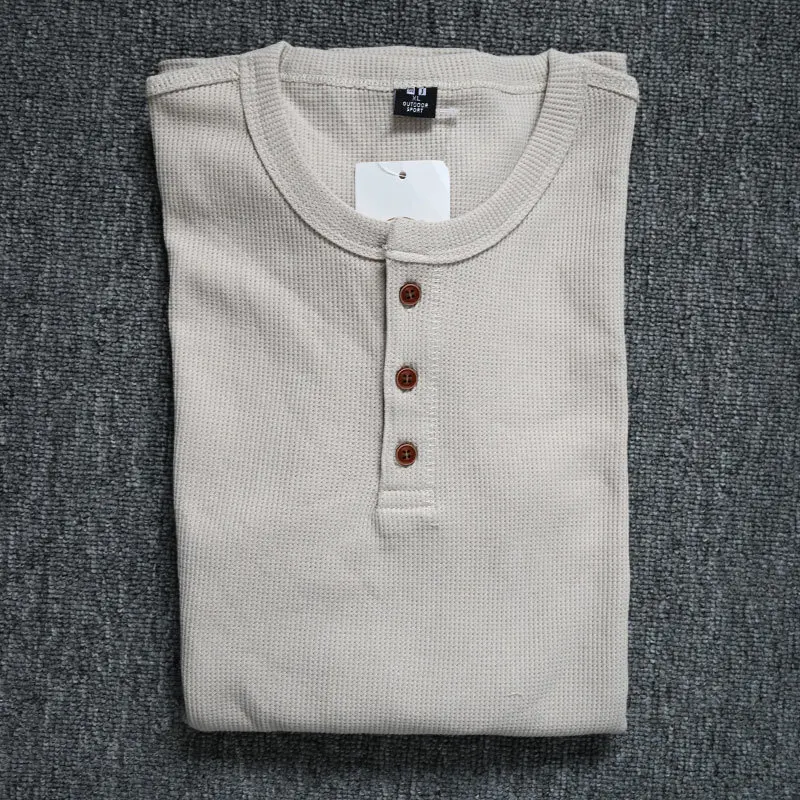 Autumn Waffle Long Sleeved T-shirt Men's Solid Color Henry Collar Base Shirt Half Button Up Thermal Waffle Knit Blouses Tops