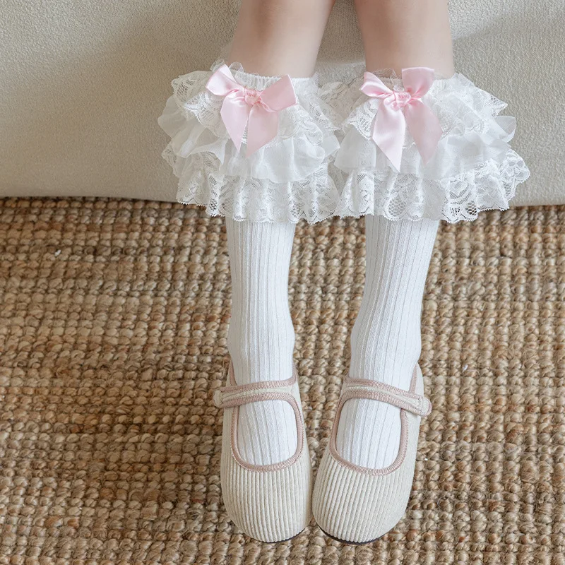 New Multi Layer Lace Bow Calf Socks for Kids Lolita Girls Sweet Princess Boneless Cotton Pile Socks Children's Exquisite Gifts