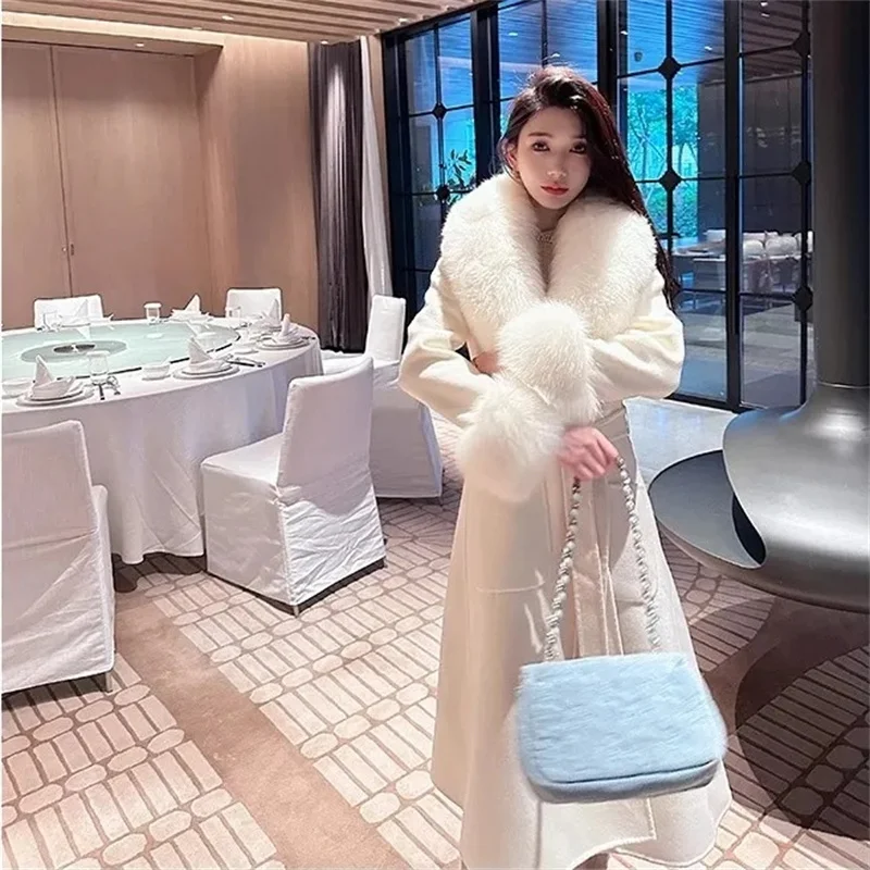 2024Winter New Temperament Famous Lady Waist Coat Mid Length Knee-high Fashion Imitation Big Fox Fur Collar Woolen Jacket Woman
