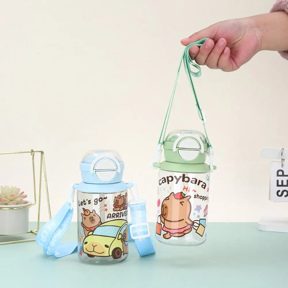 

500ml Capybara Water Bottles Cartoon Cute Transparent Plastic Cup Straw Cup with Shoulder Strap Capybara Drinking Bottle