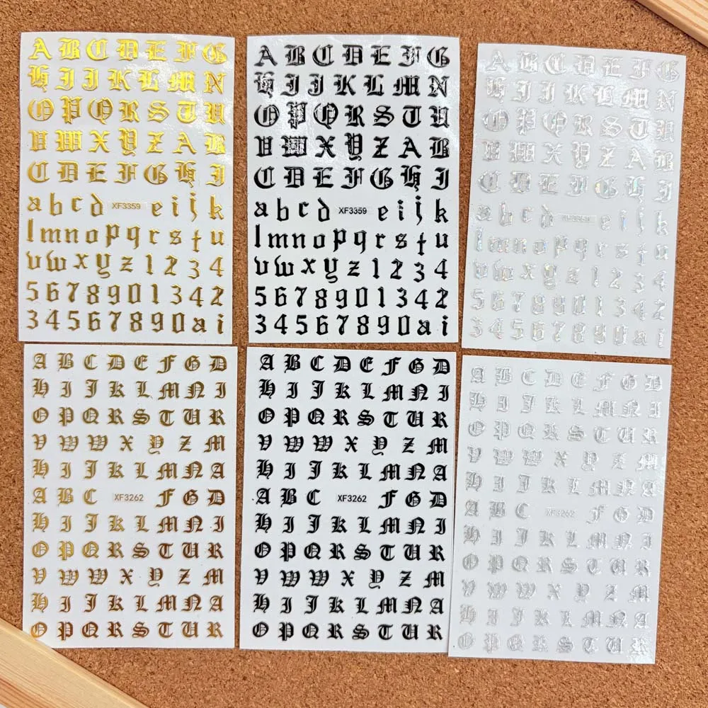 3-Blatt-Nagelkunstaufkleber mit englischem Alphabet, Gothic-Buchstabe, goldenes Design, selbstklebende Aufkleber, Laser-Retro-Zahlenzubehör