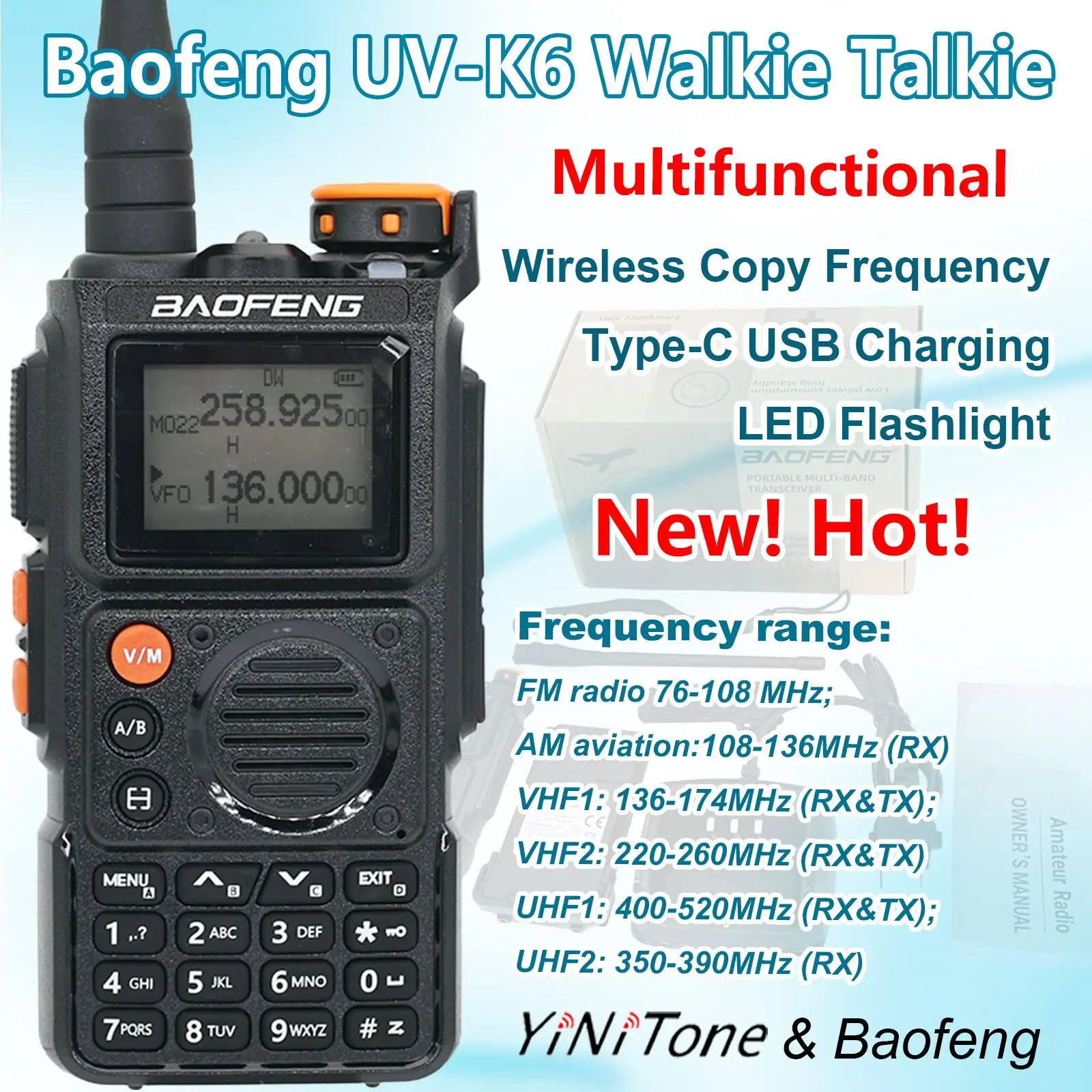 

Baofeng UV-K6 Full Band Two Ways Radio NOAA Wireless Copy Frequency LED Flashlight Type-C USB Charging 2024 New Walkie Talkie