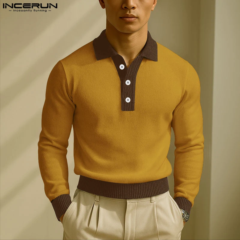 

INCERUN Men Shirt Knitted Patchwork Lapel Long Sleeve Spring Autumn Men Clothing Streetwear Loose 2025 Fashion Male Shirts S-5XL