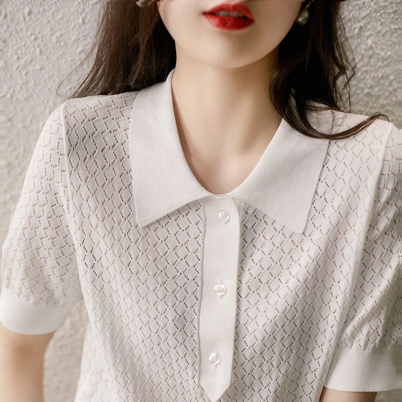 New Style Simple Casual Polo Style Refreshing Diamond Hollow POLO Short-sleeved Knitted T-shirt