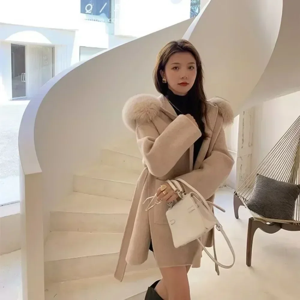 2024 Luxury Loose  Autumn Winter Fox Fur Collar Hooded Wool Cashmere Coat Women's Mid-length Woolen Jacket Outerwear Streetwear