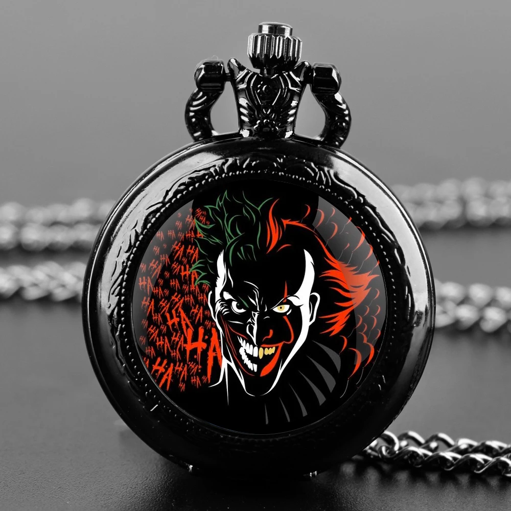 Joker Design Glass Dome Quartz Pocket Watch With Durable Chain Arabic Numeral Dial For Men And Women Creative Gifts